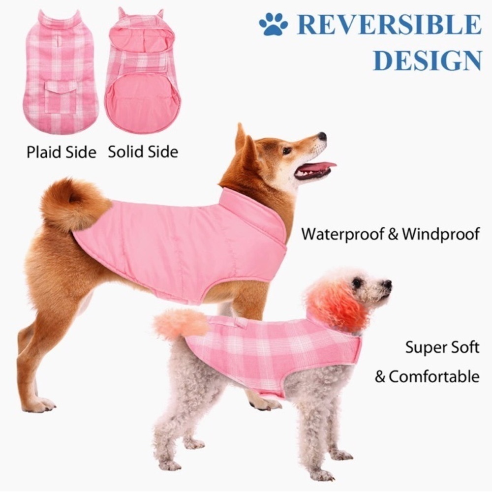 REVERSIBLE DOG COAT waterproof soft plaid pink white velcro closures NEW size S